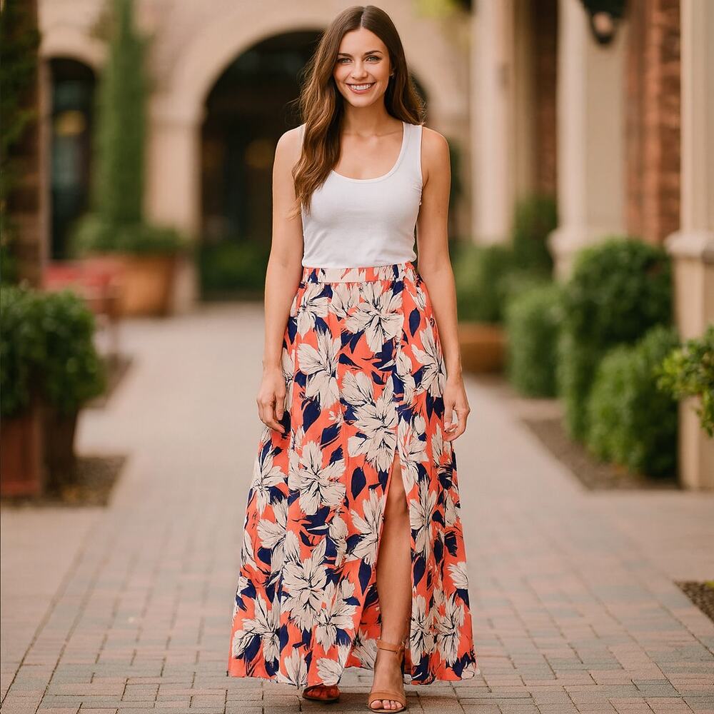 Floral Maxi Skirt Coral Navy High Waist Elastic Waist Side Slit Size Small